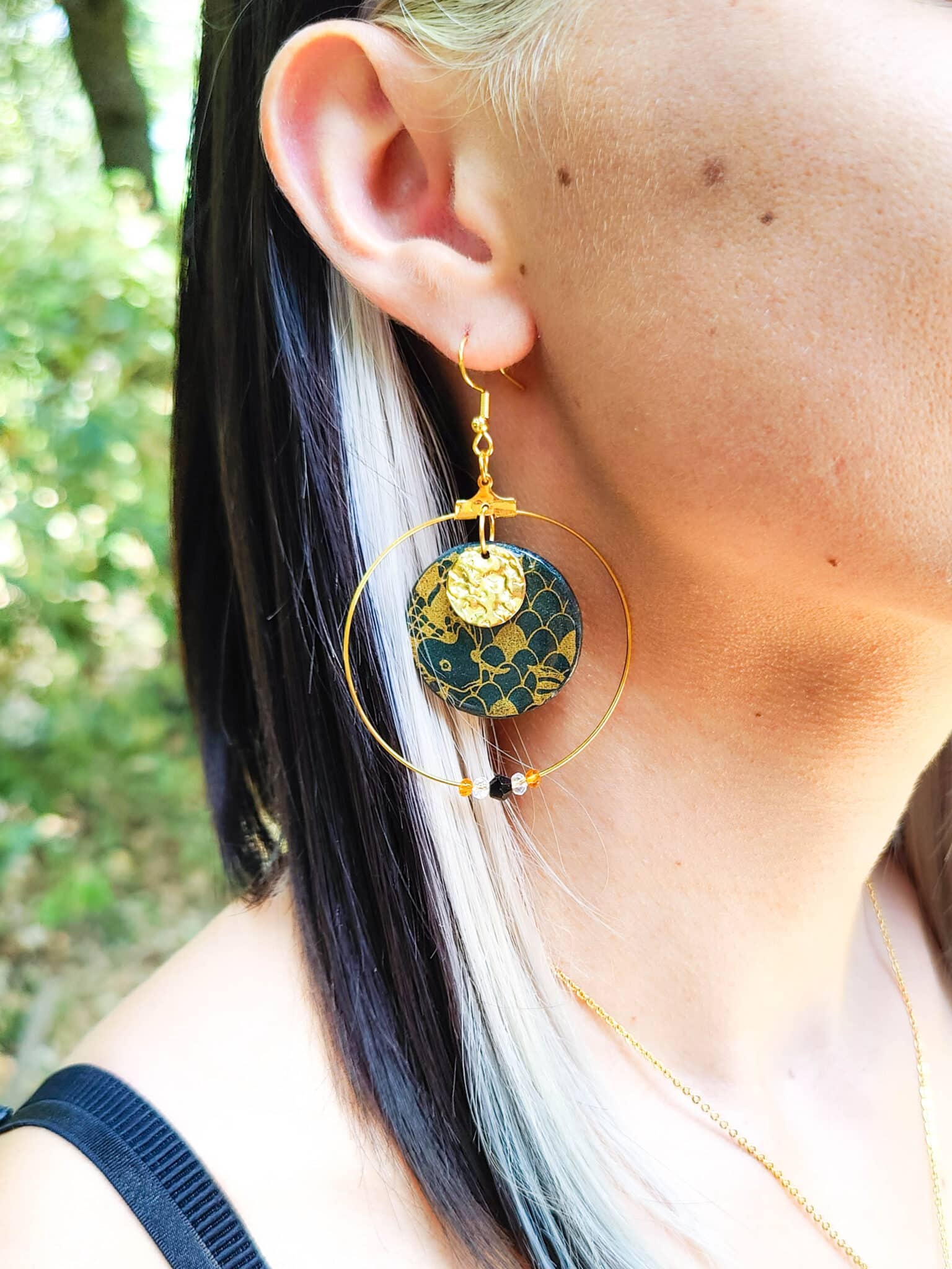 Boucles D'oreilles Créoles En Argile Polymère Noir Et Doré - 4 Cm - Dormeuses - Neuf