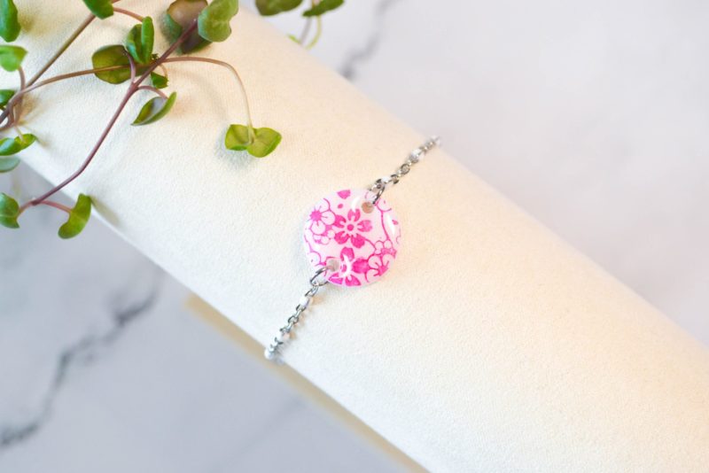 Bracelet Polymere Sakura Fuchsia argent et blanc scaled 1