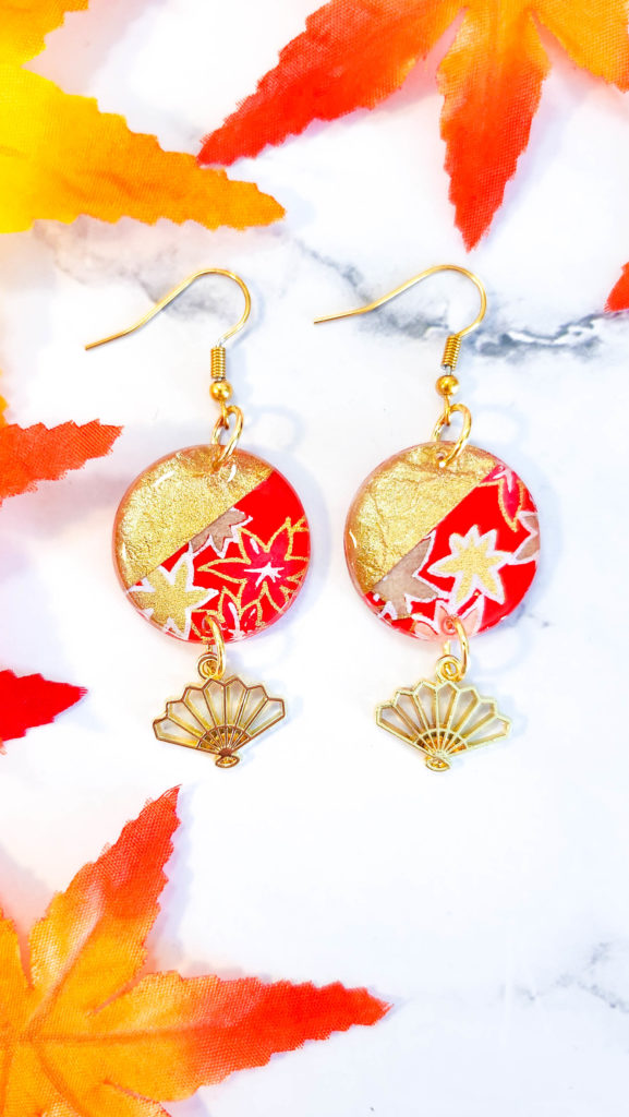Boucles D'oreilles Pendantes Japonaises Yuzen Origami - Rouges à Motif éventail Et Fleurs